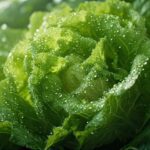 Close-up de folhas de alface romana verde vibrante com gotas de água fresca, representando a qualidade dos ingredientes nas nossas dicas para saladas e molhos.