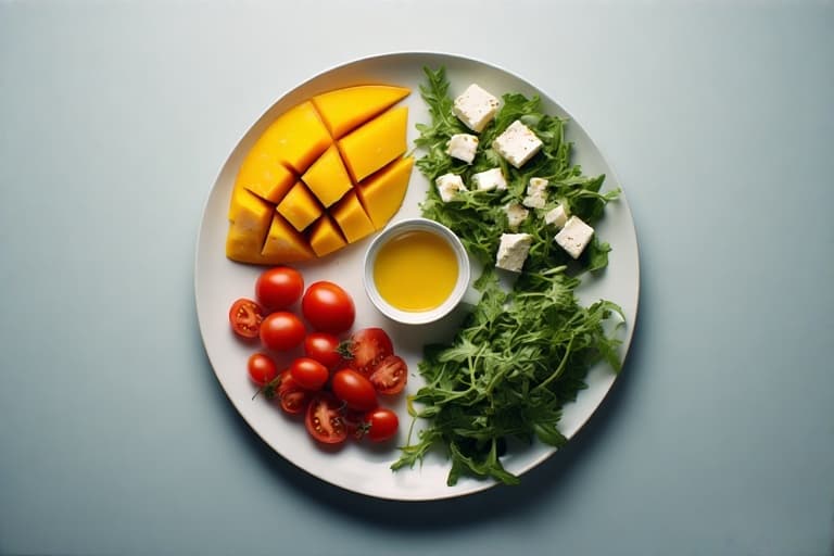 Prato branco com manga doce, queijo feta salgado, tomates cereja representando o umami, e rúcula fresca, ilustrando a dica de ouro para equilibrar sabores em saladas e molhos.