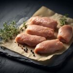 Sassami de frango cru de alta qualidade, disposto artisticamente sobre papel manteiga com ervas frescas, pronto para o preparo de um frango grelhado suculento.