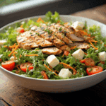 Salada completa de frango grelhado em uma tigela branca, com queijo, tomate cereja e folhas verdes sobre uma mesa de madeira.