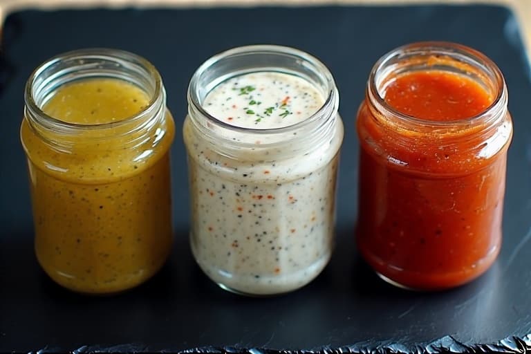 Três molhos caseiros em potes de vidro, ilustrando as dicas para saladas e molhos do nosso guia completo.