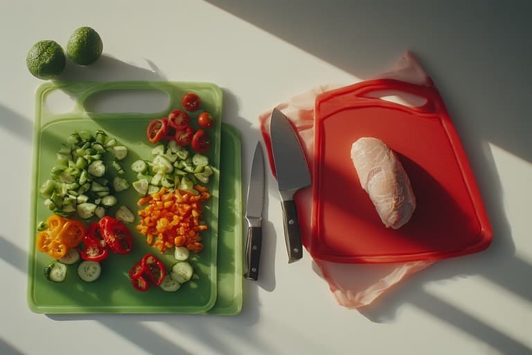 Visão de cima de tábuas de corte de cores diferentes para ilustrar a prevenção da contaminação cruzada: uma tábua verde com vegetais cortados e uma tábua vermelha com uma peça de frango cru. Esta prática é essencial para 'como fazer uma salada perfeita' de forma segura e higiênica.