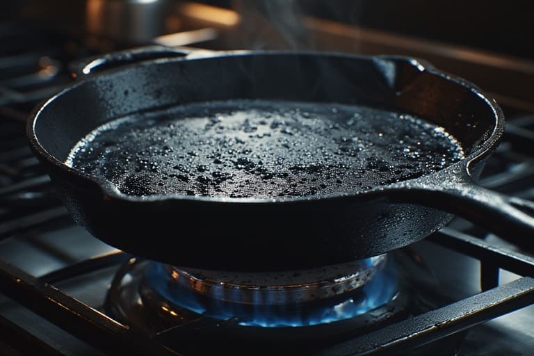 Detalhe de uma frigideira quente em um fogão, representando um método de 'como fazer uma salada perfeita' ao preparar componentes que adicionam calor e textura, em um artigo do blog Folha e Sabor.