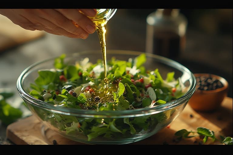 Mão regando azeite de oliva sobre uma salada fresca de rúcula, tomate cereja e outros vegetais, ilustrando a dica de não exagerar no molho.
