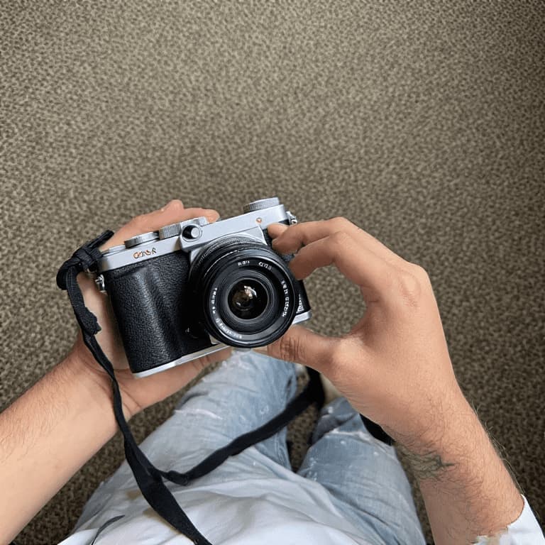 Mãos segurando uma câmera fotográfica, representando a criação do conteúdo visual e a história por trás do blog Sobre o Folha e Sabor.