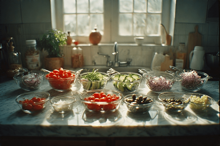 Mise en place para uma salada: vários potinhos de vidro com ingredientes picados e organizados, a solução para evitar erros ao fazer salada.