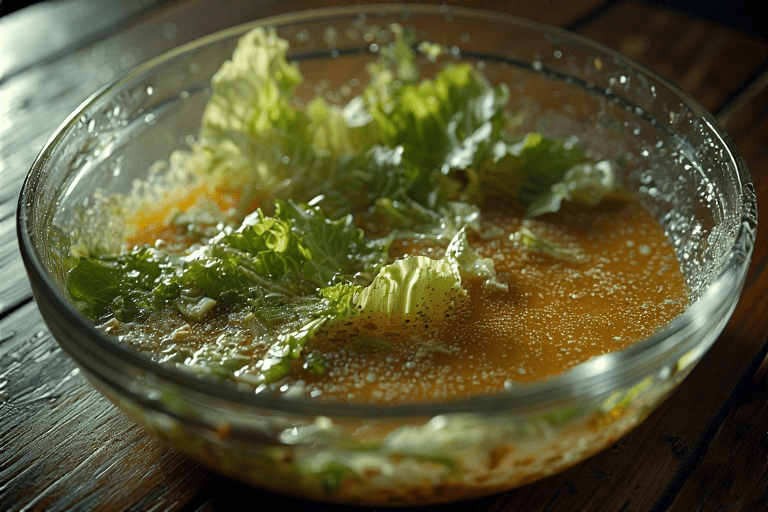 Resultado de um dos erros ao fazer salada: uma poça de molho aguado no fundo de uma tigela de vidro com alface murcha.
