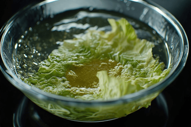 Resultado de um dos erros ao fazer salada: folhas de alface murchas e encharcadas em molho no fundo de uma tigela de vidro.