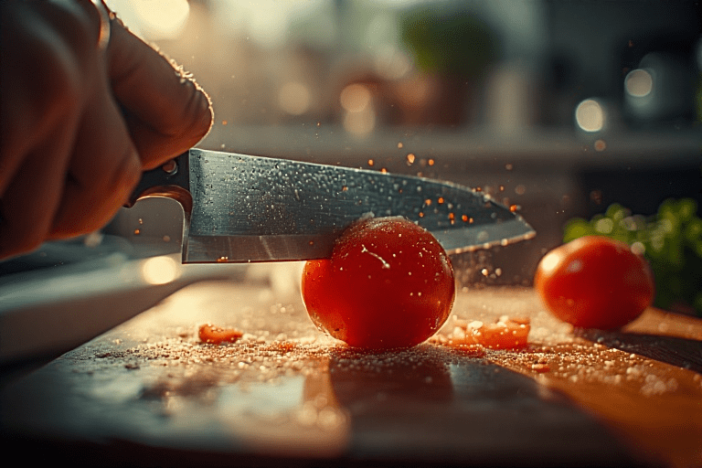 A solução para um dos erros ao fazer salada: uma faca de chef afiada cortando um tomate cereja de forma limpa e precisa, sem esmagar o alimento.
