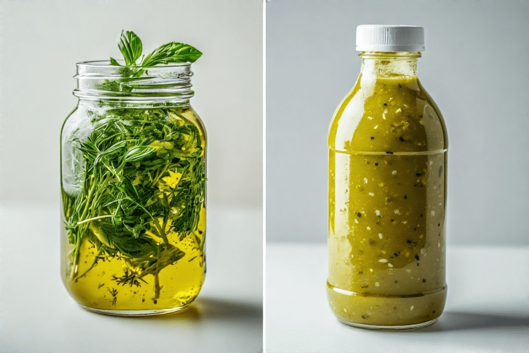 Contraste entre um molho caseiro fresco e um molho industrializado, ilustrando um dos erros ao fazer salada.