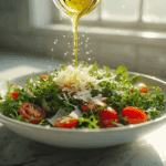 Azeite de oliva sendo derramado sobre uma salada de rúcula com tomate cereja e queijo parmesão em uma tigela branca.