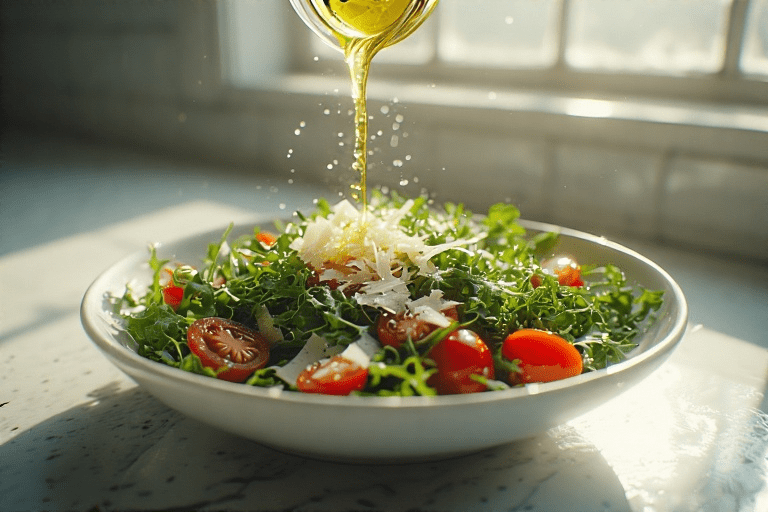 Azeite de oliva sendo derramado sobre uma salada de rúcula com tomate cereja e queijo parmesão em uma tigela branca.