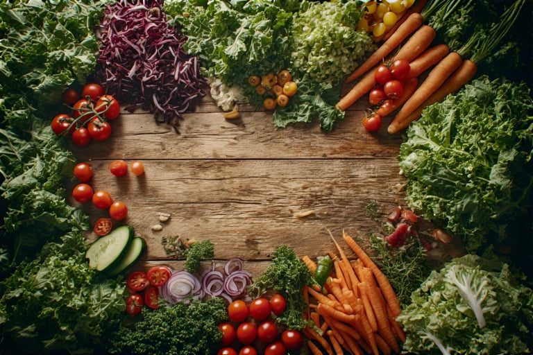 Visão de cima de uma variedade de vegetais frescos e coloridos dispostos em torno de uma superfície de madeira rústica, representando os ingredientes de qualidade do blog Folha e Sabor.
