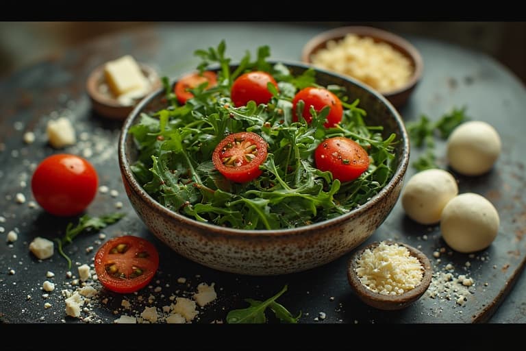 Tigela de salada de rúcula com tomate cereja e queijo parmesão ralado, com outras opções de queijo ao redor, ilustrando a escolha do queijo perfeito.