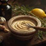 Receita de molho de tahini cremoso servido em uma tigela de cerâmica rústica, com ingredientes como alho e limão ao redor.