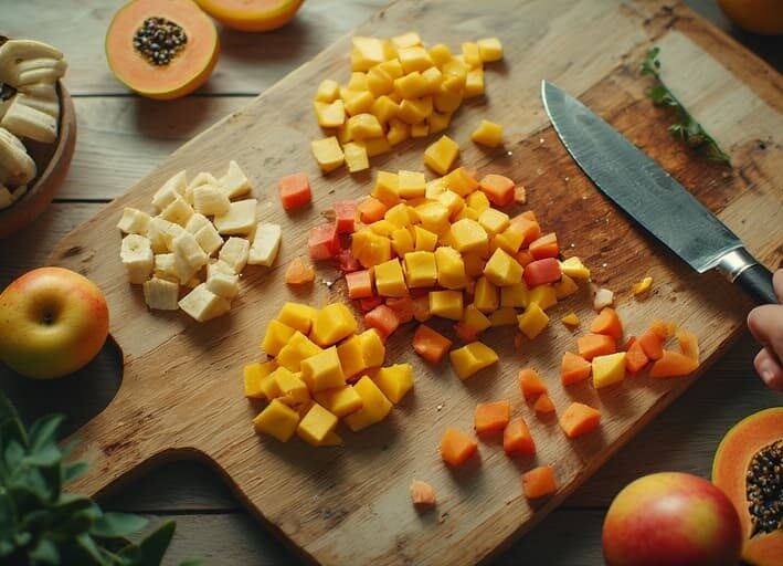 Mão com uma faca cortando frutas frescas como mamão e manga em uma tábua de madeira, mostrando o preparo de uma salada de frutas refrescante.