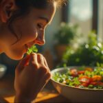 Close-up de uma mulher sorrindo ao provar uma folha de sua salada, mostrando o passo final de como fazer a salada perfeita: a degustação.