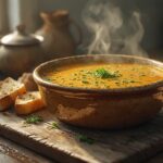 Tigela rústica de cerâmica com uma receita de creme de legumes caseiro, quente e fumegante, decorado com salsinha picada. Ao lado, fatias de pão torrado sobre uma tábua de madeira, em um cenário de cozinha aconchegante.