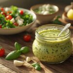 Receita de molho pesto tradicional em um pote de vidro sobre uma mesa de madeira, com uma salada e ingredientes frescos como manjericão, alho e tomate ao fundo.