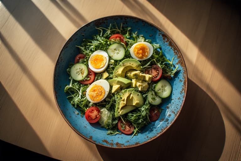 Visão de cima de uma salada nutritiva com ovos cozidos, abacate, tomate e pepino em uma tigela azul, representando a variedade de receitas do blog Folha e Sabor.