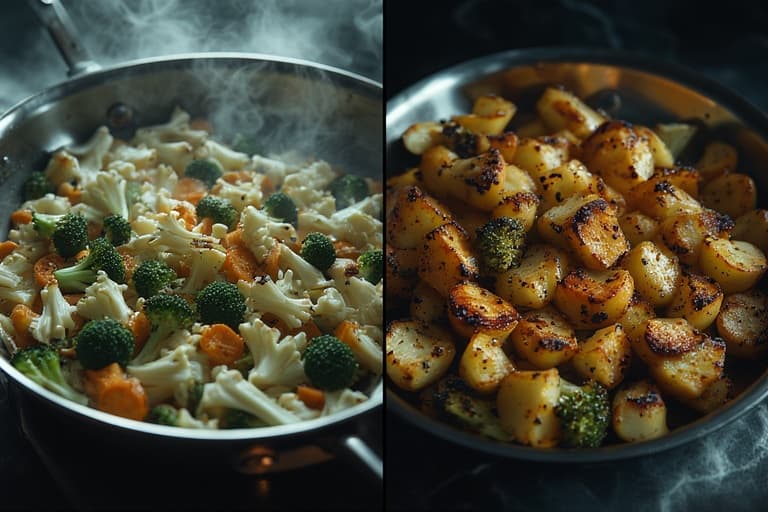 Comparativo visual de como fazer a salada perfeita: à esquerda, legumes pálidos por superlotação da panela; à direita, os mesmos legumes dourados e caramelizados.