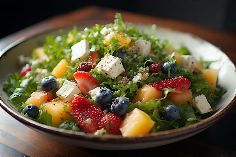 Close-up de uma salada rápida e fresca com folhas verdes, queijo branco e frutas, representando as receitas do blog Folha e Sabor.