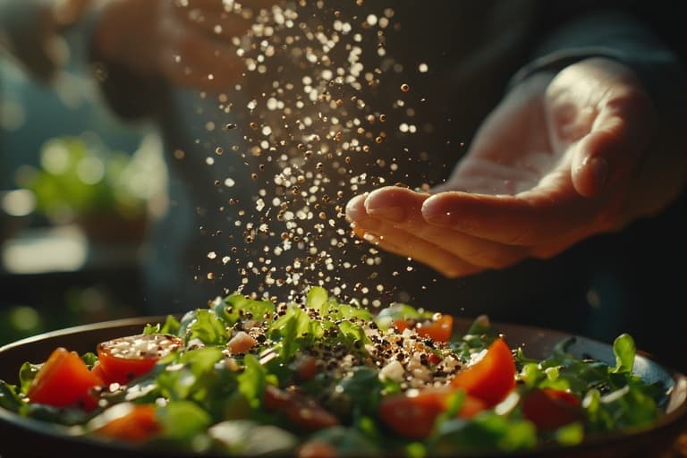 Close-up de uma mão polvilhando sal e pimenta sobre uma salada colorida, mostrando a etapa crucial de temperar para fazer a salada perfeita.