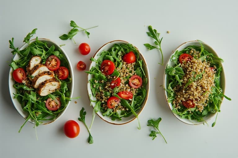 Três tigelas de salada de rúcula com tomate cereja, apresentando variações com frango grelhado e quinoa, para uma salada completa e nutritiva.