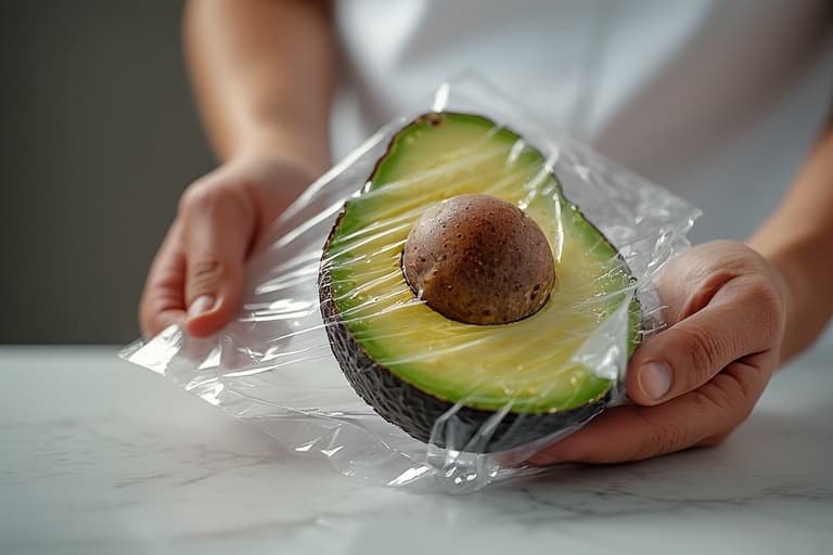 Mãos envolvendo metade de um abacate com caroço em plástico filme, demonstrando a técnica correta de como armazenar o fruto para evitar a oxidação.