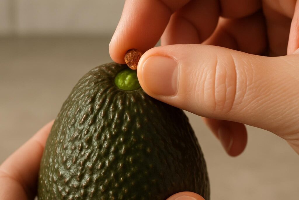 Close-up de uma mão mostrando como escolher abacate ao remover o cabinho e revelar a cor verde por baixo, indicando que está maduro.