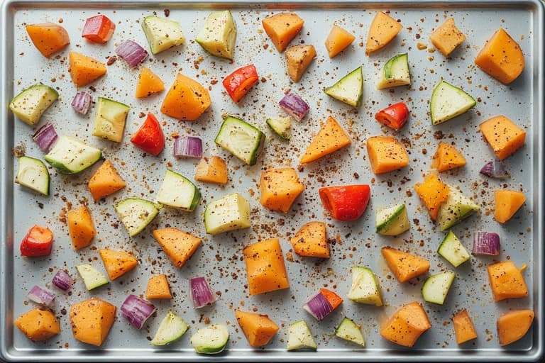 Legumes coloridos cortados em cubos e bem espaçados em uma assadeira, temperados e prontos para assar para a salada de quinoa.