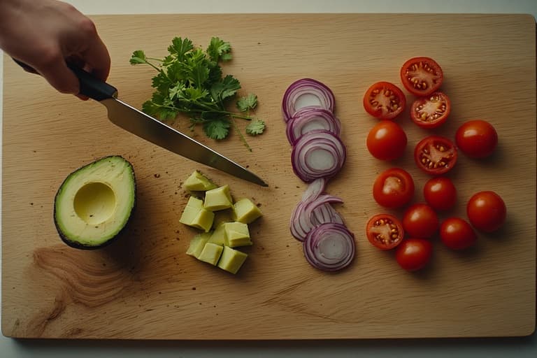 Mise en place em uma tábua de corte de madeira com os ingredientes para a salada de abacate com tomate: abacate em cubos, cebola roxa fatiada e coentro.
