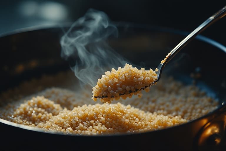 Close-up de quinoa recém-cozida em uma colher, mostrando a textura perfeita e soltinha dos grãos com um pouco de vapor subindo da panela ao fundo.