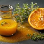 Molheira de vidro com a receita de vinagrete de laranja caseiro, sobre uma base de ardósia escura, ao lado de uma laranja fresca cortada ao meio e ervas aromáticas decorando a cena.