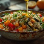 Tigela rústica com a salada de quinoa com legumes assados finalizada, decorada com salsinha fresca e com um fio de molho sendo derramado por cima.