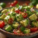 Tigela de cerâmica rústica cheia com a salada de abacate com tomate e coentro, mostrando os cubos de abacate e os tomates cereja cortados ao meio.