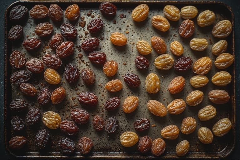 Assadeira com uvas passas caseiras de cores variadas, mostrando o resultado final da dica de como aproveitar uvas murchas desidratando-as.Assadeira com uvas passas caseiras de cores variadas, mostrando o resultado final da dica de como aproveitar uvas murchas desidratando-as.