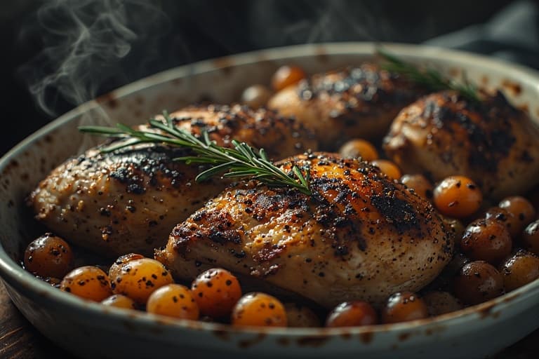 Frango assado dourado com uvas caramelizadas em uma travessa, um exemplo criativo de como aproveitar uvas murchas em pratos salgados.