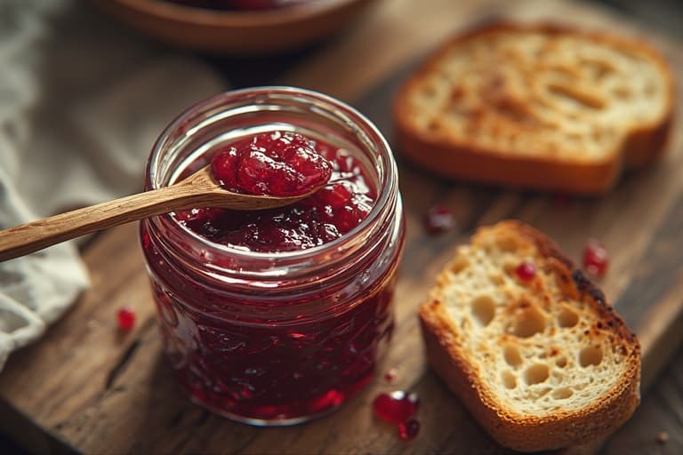 Pote de vidro com geleia de uva caseira e uma colher de madeira, uma ótima forma de como aproveitar uvas murchas.