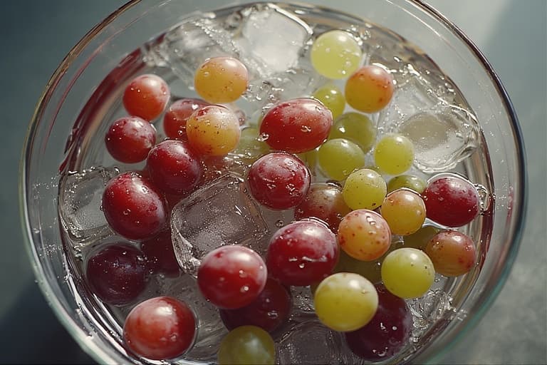 Uvas vermelhas e verdes submersas em uma tigela de vidro com água e gelo, demonstrando a técnica de como aproveitar uvas murchas.

