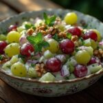 Tigela rústica com a receita de salada de uva refrescante, mostrando uvas verdes e roxas, nozes picadas, cebola roxa e hortelã fresca, com molho cremoso.