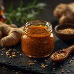 Pote de vidro com molho de gengibre para salada, estilo oriental, ao lado de raiz de gengibre, sementes de gergelim e azeite, em uma base escura.